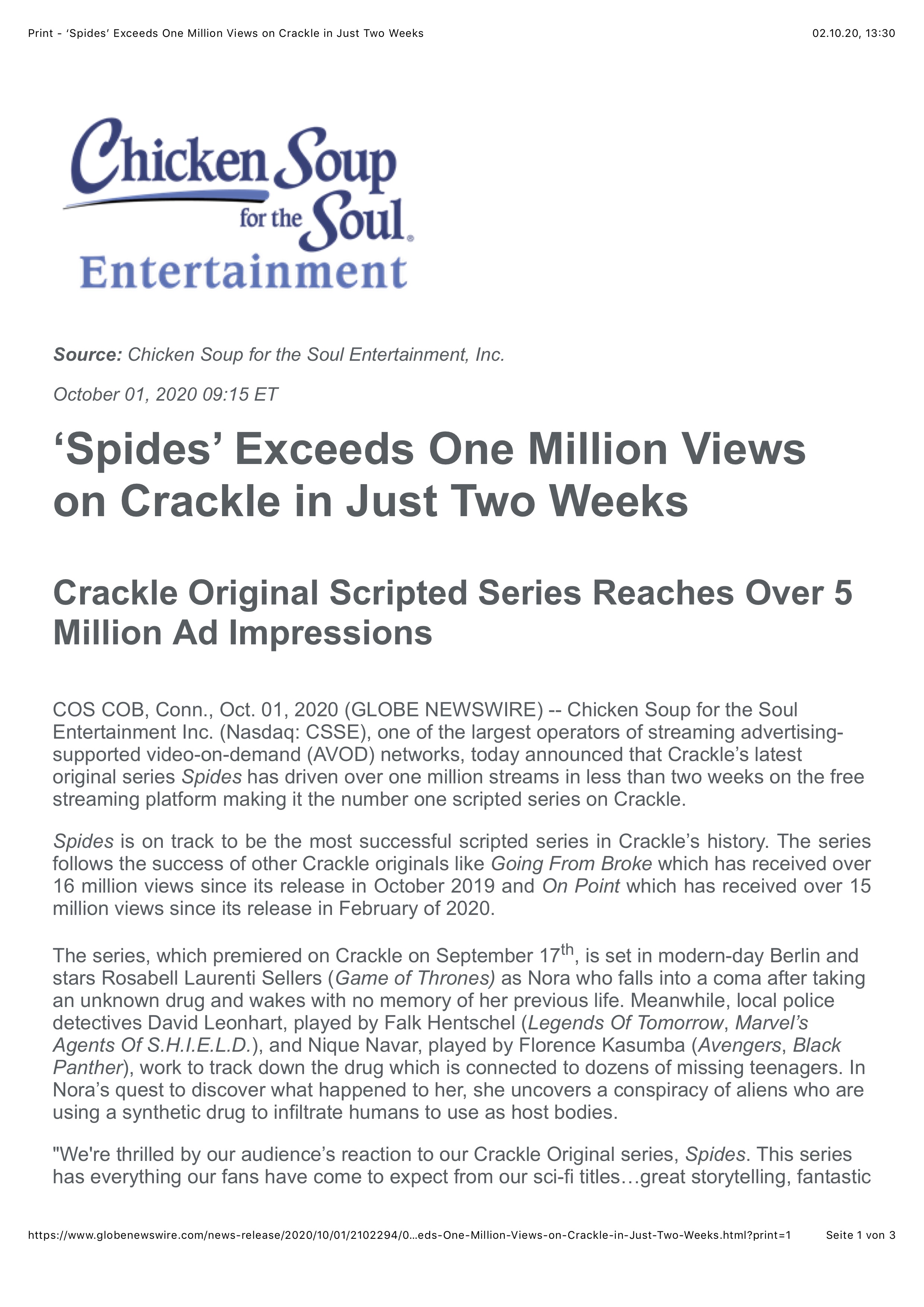 1 Spides Exceeds One Million Views on Crackle in Just Two Weeks Kopie